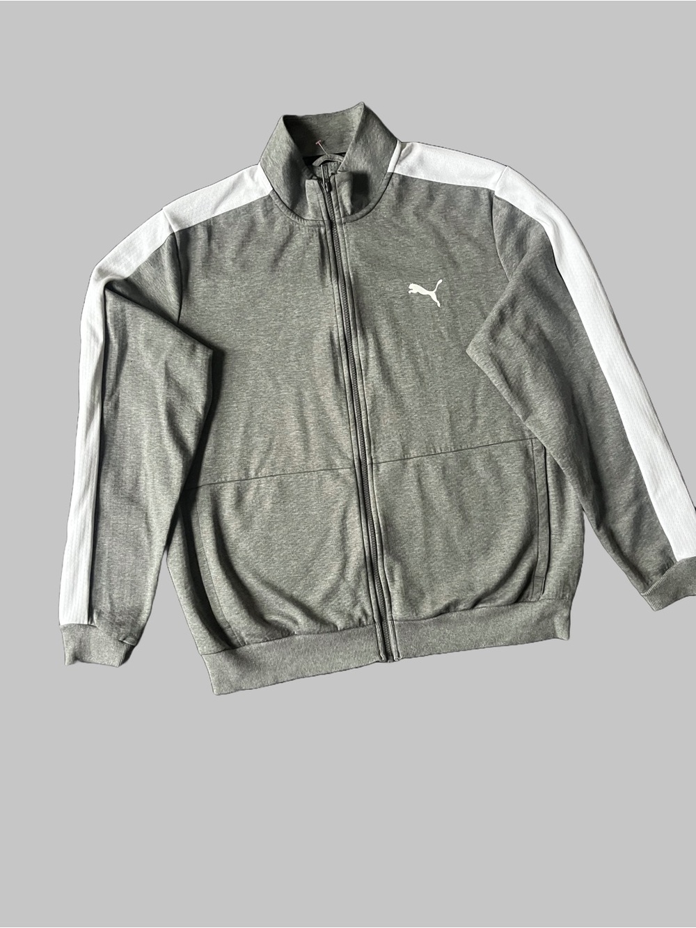 Puma Men's Gray Zip-Up Track Jacket with White Shoulder Stripes